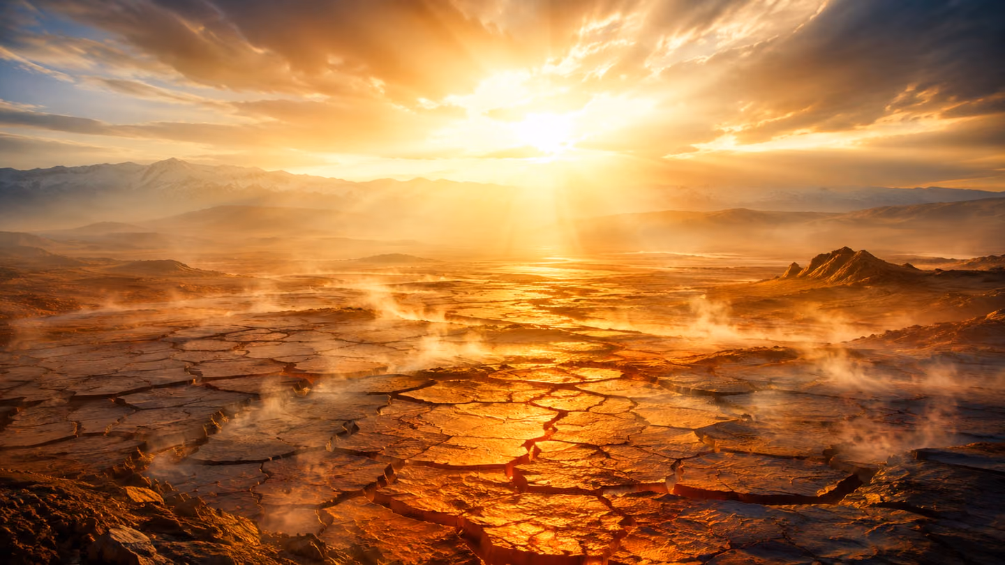 Wide painterly shot of a cracked, arid Iranian plateau at the moment warmth solidifies it — the earth glowing faintly orange-brown as if newly dried by an unseen heat above, wisps of steam rising from fissures, the ho…