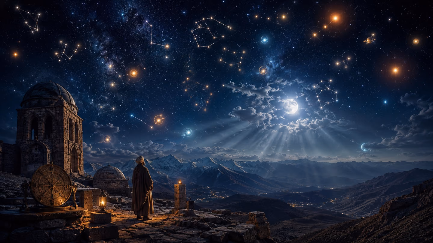 Sweeping god-ray wide shot of the Iranian night sky over a high mountain plateau — twelve constellations visible as distinct blazing clusters and seven bright planets glowing amber, blue-white, and gold, each hanging…