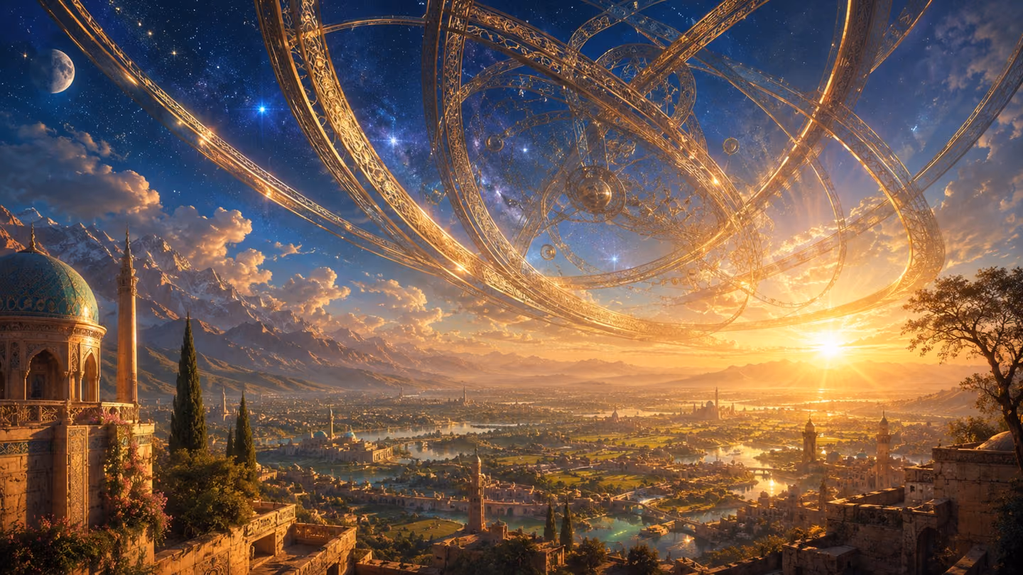 Majestic wide establishing shot of the celestial spheres rendered as interlocking luminous rings of hammered brass and crystal arcing over a Persian landscape at sunrise — the spheres are set in motion, turning, gleam…