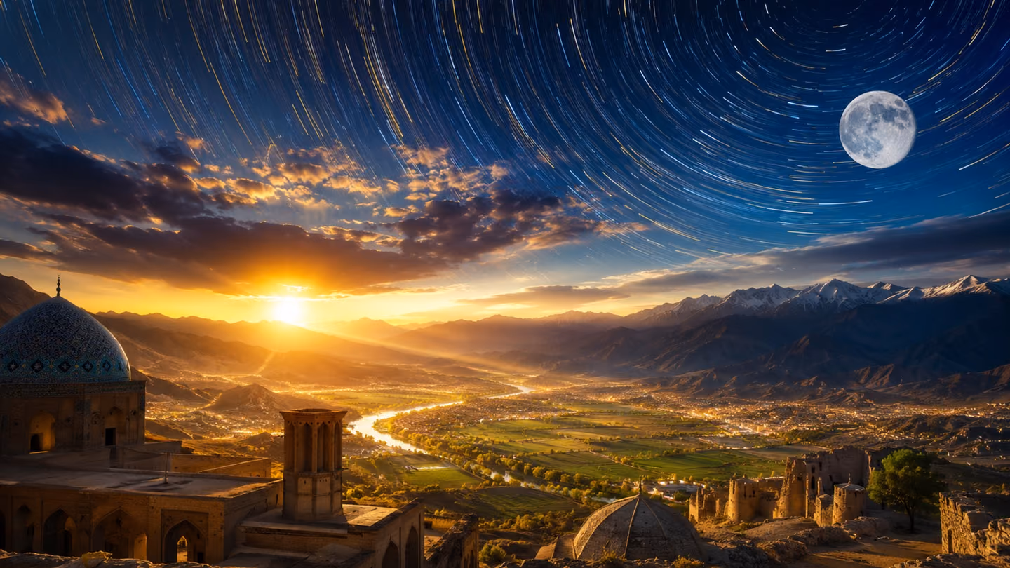 Grand cinematic wide shot of the completed cosmos: the swift dome of the sky — گنبد تیز رو — wheels visibly overhead in a time-lapse blaze of star-trails and a full silver moon, while below on the Iranian earth a sun-…
