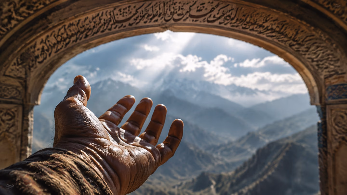 Extreme close-up of a weathered Iranian man's open hand, fingers gently uncurling as if releasing something invisible into a shaft of cool silver morning light; a vast misty Persian mountain range fills the blurred ba…
