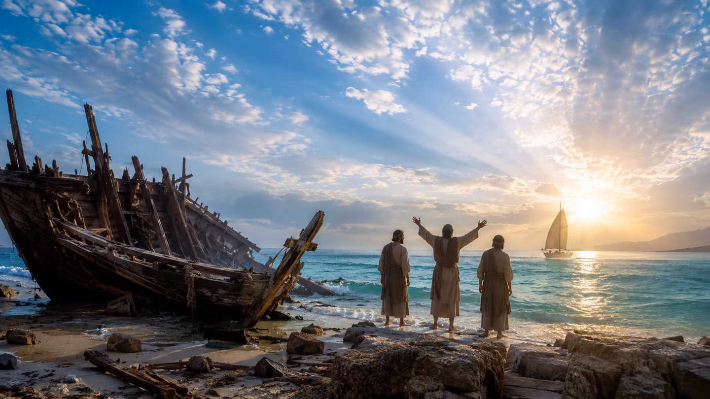 Sweeping wide shot at sea-level of a shattered wooden hull resting on a luminous turquoise Persian Gulf shore at first light; three survivors in simple period robes stand at the water's edge, one raising both arms tow…