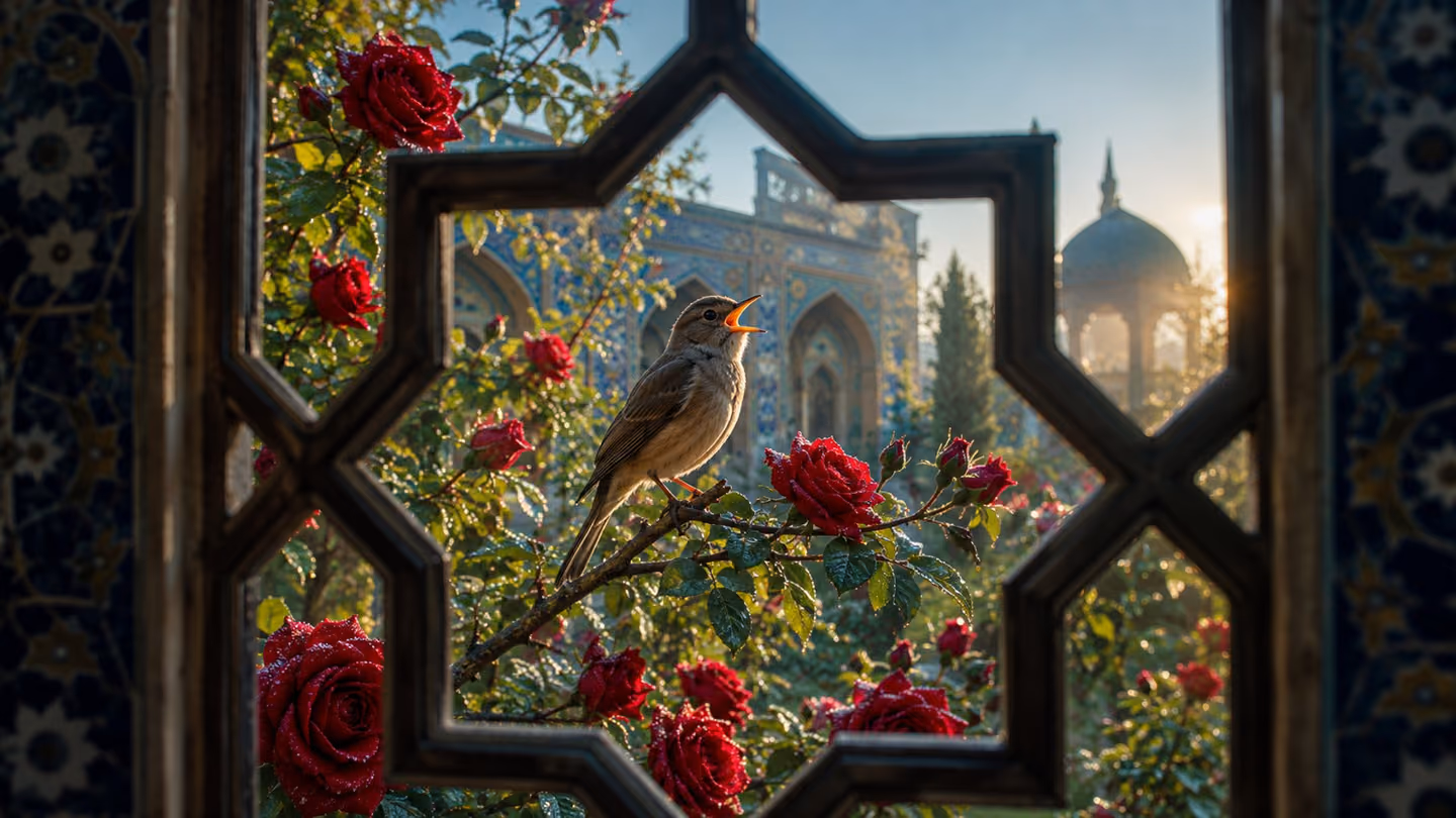 Intimate medium close-up framed through a latticed Persian window of a nightingale perched on a branch of a rose bush in full crimson bloom at dawn; the garden is drenched in cool green morning light with dew on every…