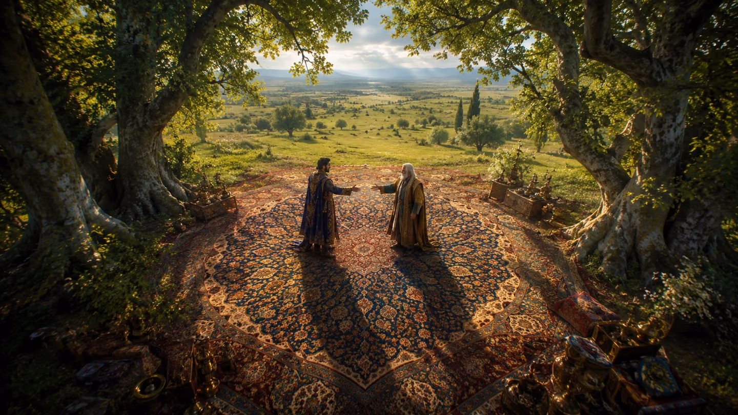 Sweeping overhead god's-eye view of two figures on a vast Persian carpet spread in an open meadow flanked by ancient plane trees; they face each other in a gesture of reconciliation, hands extended, one older and one…