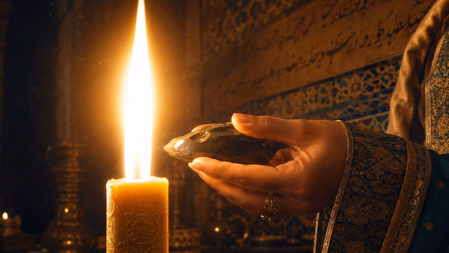Extreme close-up of a single tall beeswax candle burning with a fierce, radiant, almost white flame against a velvety blue-dark Persian night interior; beside it a woman's elegant hand in embroidered sleeve presses so…