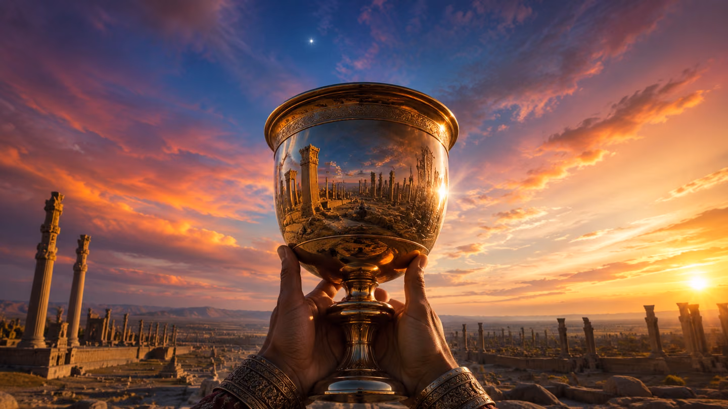 Low-angle medium shot of an ancient polished bronze goblet held aloft by steady hands against a vast panoramic sky over Persepolis at golden dusk; the goblet's curved surface mirrors in miniature the sweeping columns…