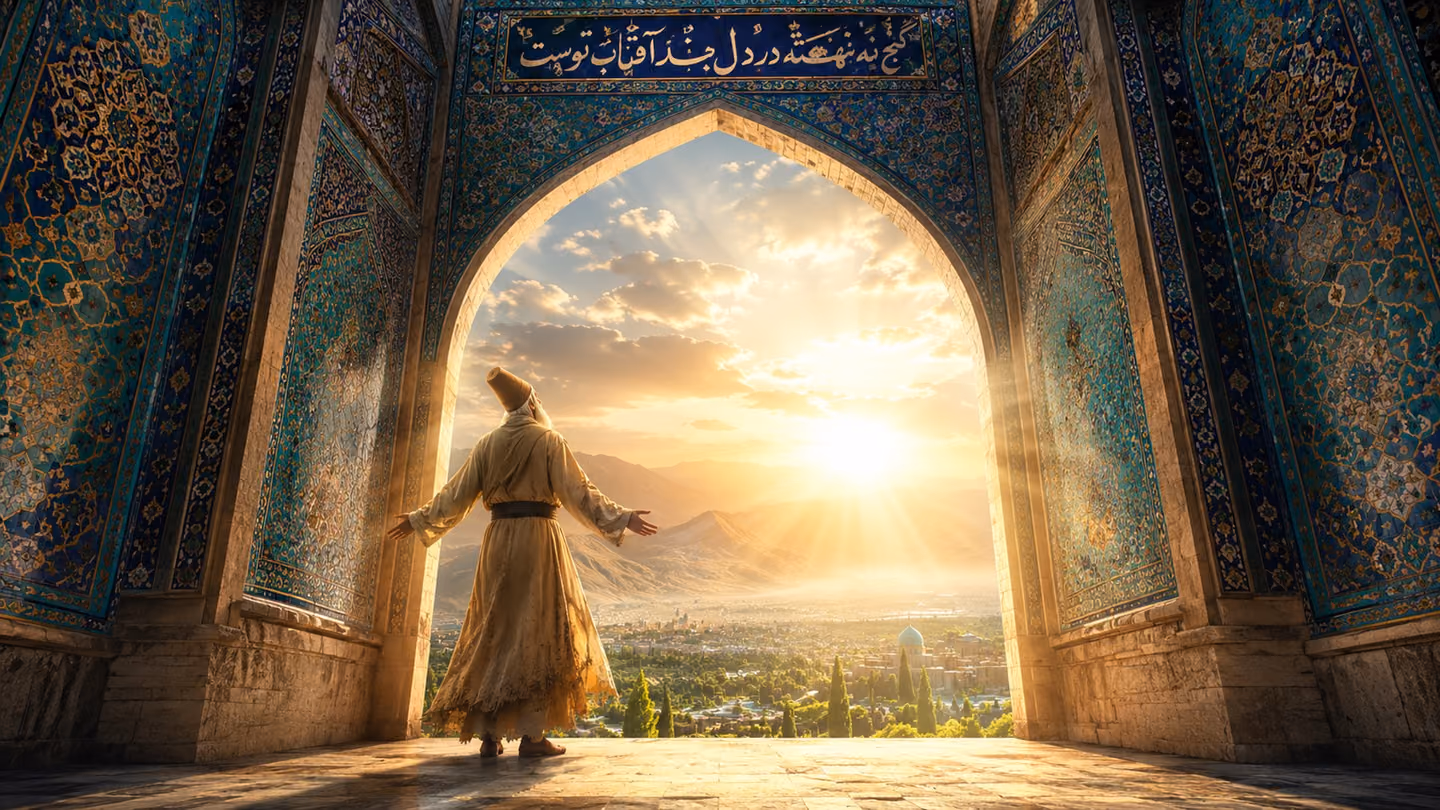 Wide radiant dawn shot — the dervish seeker (third and final motif appearance, transformed): the same dervish figure now stands at the open threshold of a monumental Persian portal whose tiled arch blazes with turquoi…