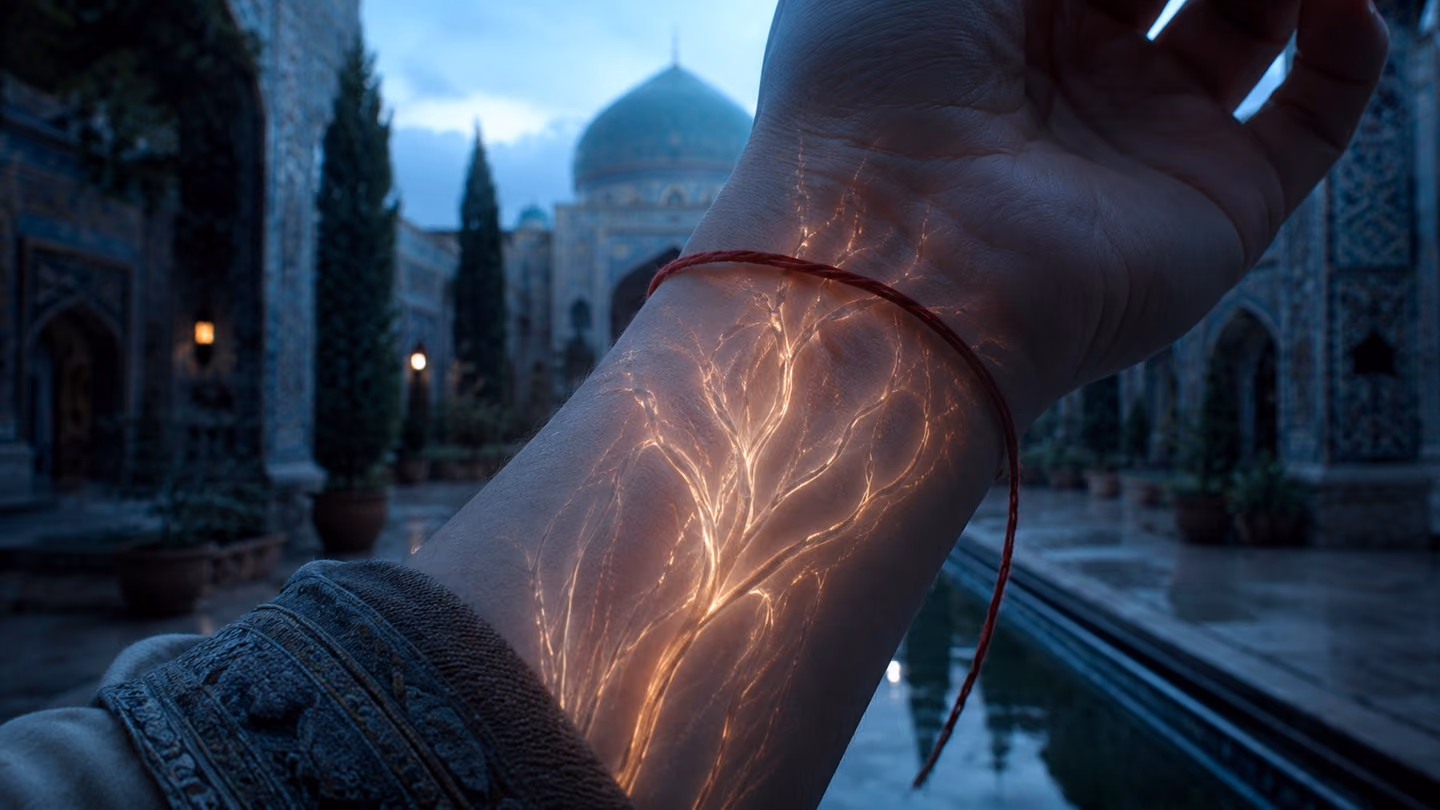 Intimate extreme close-up of a wrist and the inner forearm of an Iranian woman: beneath the translucent skin, veins trace a luminous branching pattern lit from within by a warm rose-gold pulse, like living rivers of l…