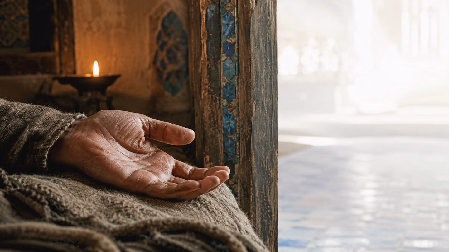 Medium shot at the threshold motif — a half-open ancient Persian wooden door studded with hand-forged iron nails, set in a wall of aged ochre plaster covered in flowing Nasta'liq calligraphic inscriptions: on the near…