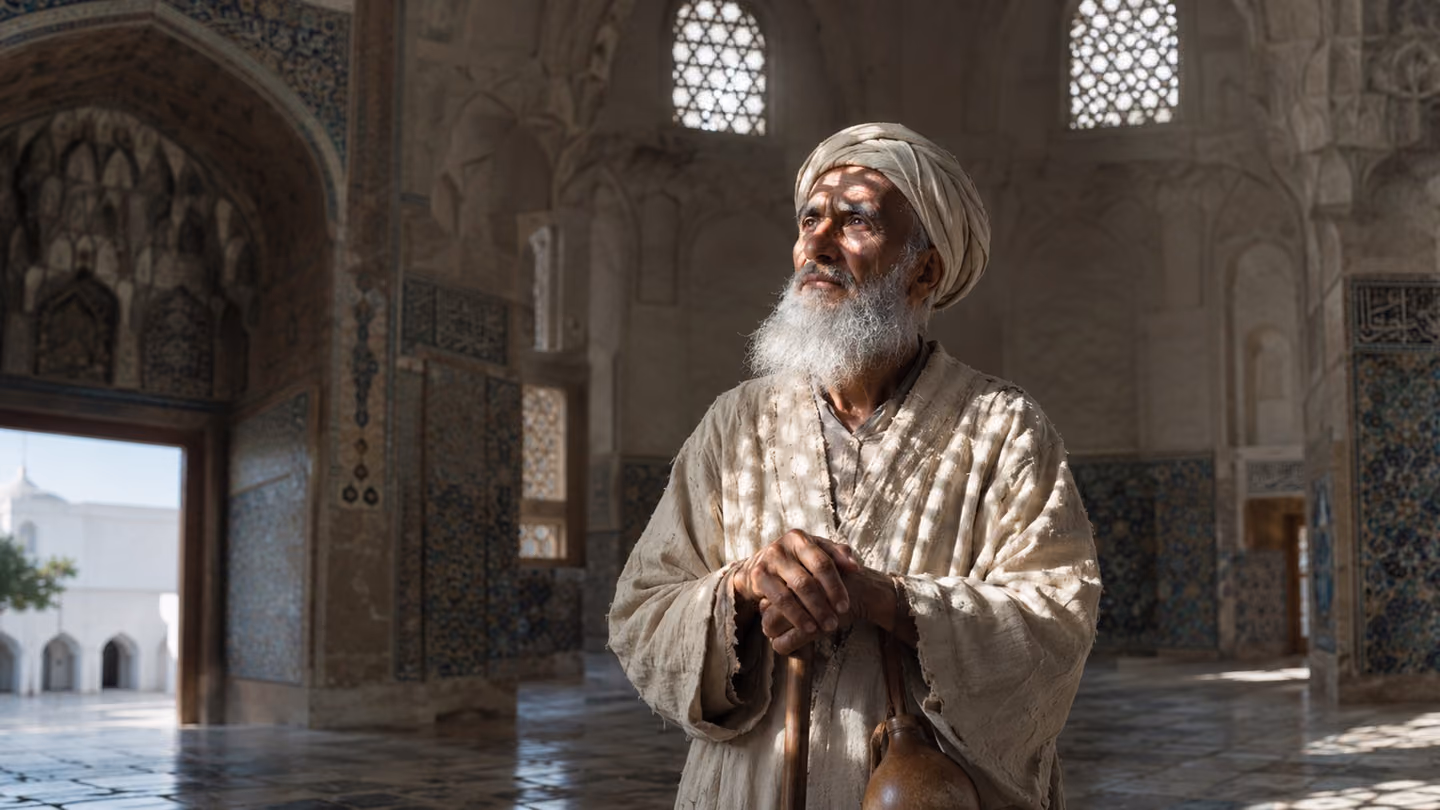 Medium portrait of an elderly Iranian dervish — weathered serene face, simple undyed wool khirqa, a kashkul gourd hanging at his side — standing in a high-domed Persian sanctuary where shafts of clear cool daylight po…