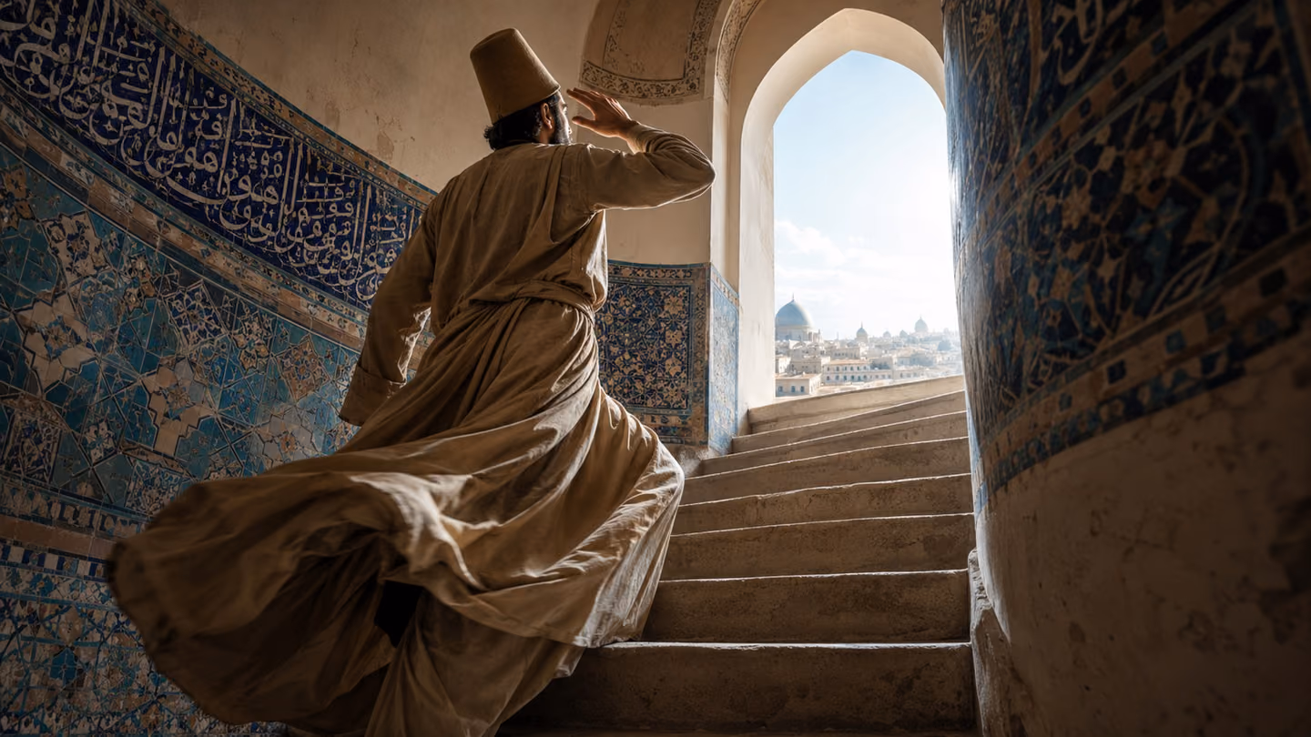 Dynamic low-angle medium shot inside a Persian domed chamber: the same dervish figure is caught mid-ascent on a narrow stone staircase spiraling upward, one hand raised as if guided by an invisible pull at his ear, hi…