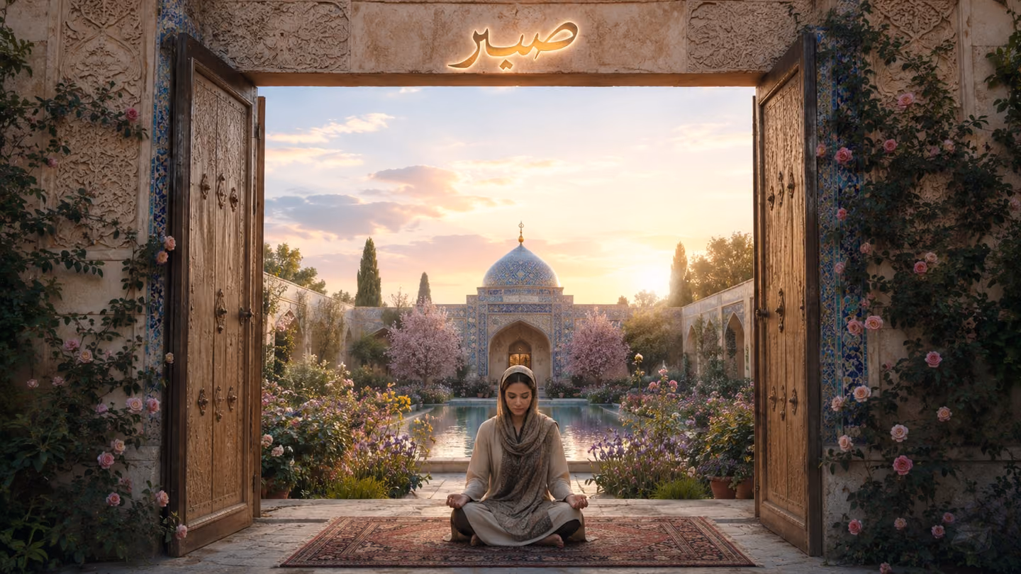 Serene wide establishing shot at full dawn: the Persian garden courtyard seen from outside its now-fully-open gate, the threshold dissolved into open sky — the Iranian woman seeker sits cross-legged on a worn Persian…