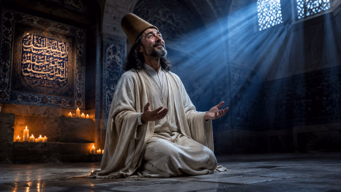 Low-angle medium shot of a middle-aged Iranian dervish with weathered serene face, deep-set dark eyes and short grey-streaked beard, long dark hair, tall honey-brown felt sikke cap and simple undyed cream wool khirqa…