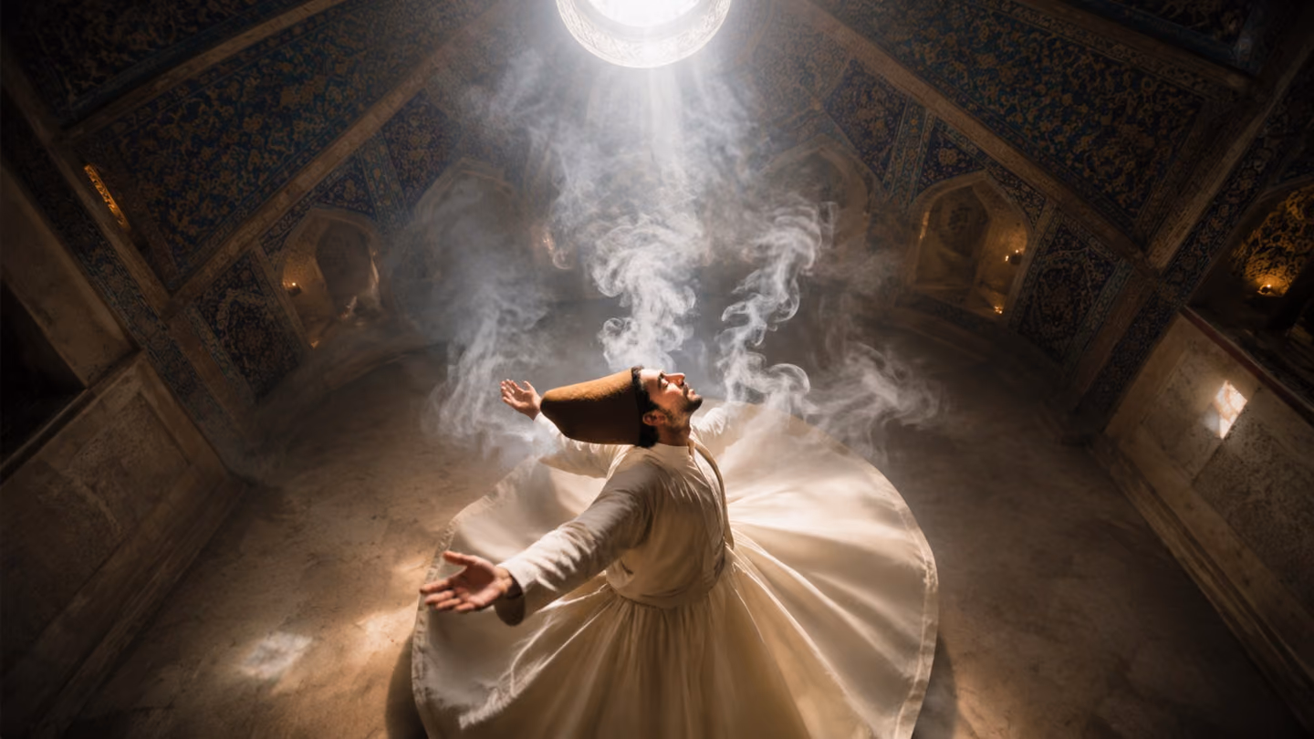 Overhead top-down shot looking down as the dervish — cream wool khirqa fanning outward, honey-brown sikke cap, dark hair, bare feet — begins to whirl beneath a soaring dome, a thin veil of incense smoke spiralling up…
