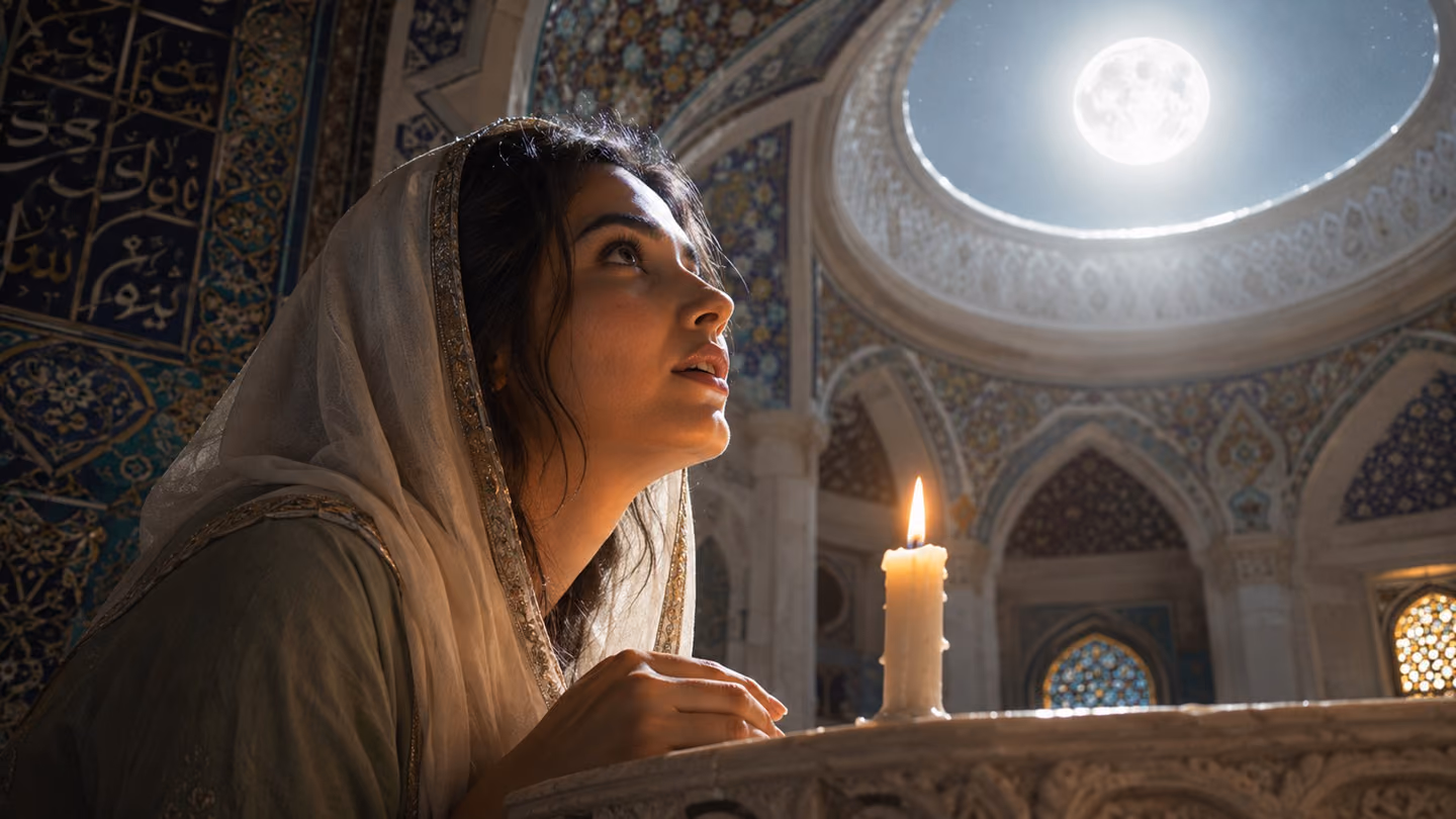 Extreme close-up, slightly low angle: the young Iranian woman — warm olive skin, deep dark eyes full of devotion, dark hair pinned beneath a flowing ivory-white silver-edged headscarf, long sage-green linen robe, bare…