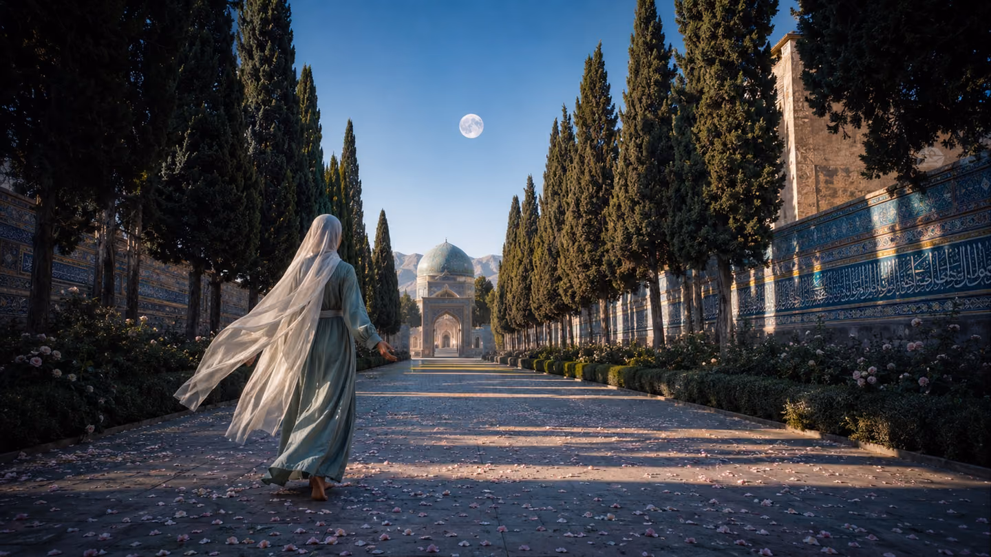 Sweeping wide shot, slightly elevated angle: the young Iranian woman — ivory-white headscarf catching the breeze, sage-green robe, bare feet on cool stone — walks along a luminous open path between two rows of ancient…