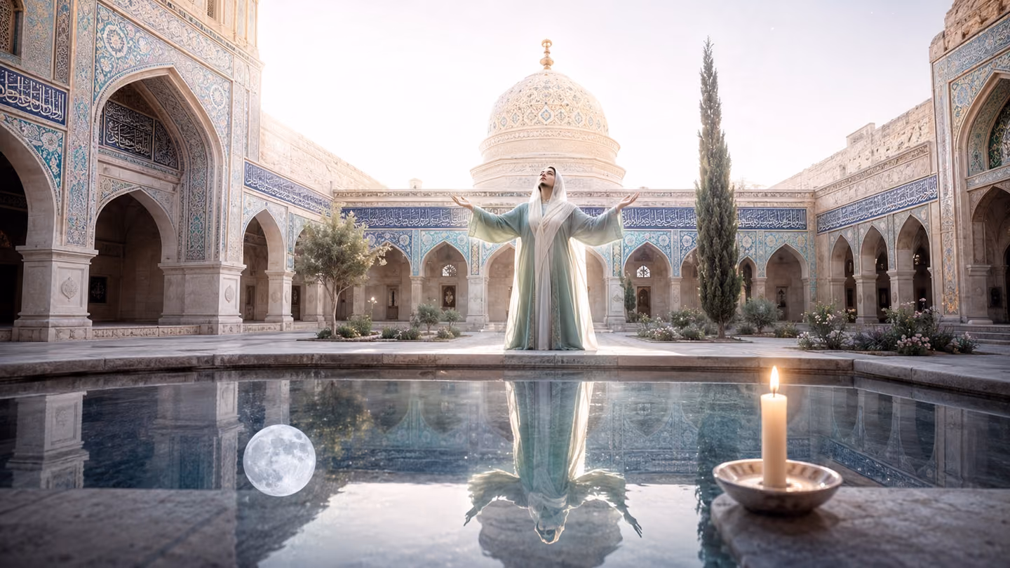 Wide establishing shot with the protagonist small but luminous at centre: the young Iranian woman — ivory-white headscarf and sage-green robe glowing in pure light — stands alone in the centre of a vast open Persian c…