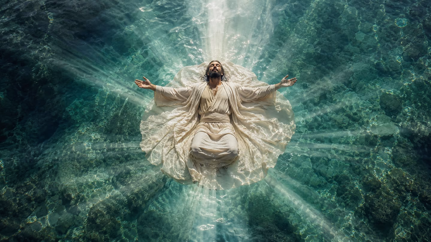 Extreme overhead top-down shot directly above the seeker suspended face-up in clear shallow luminous water — cream-wool khirqa billowing around him like a lotus, eyes closed in serene surrender, arms open wide, dark P…