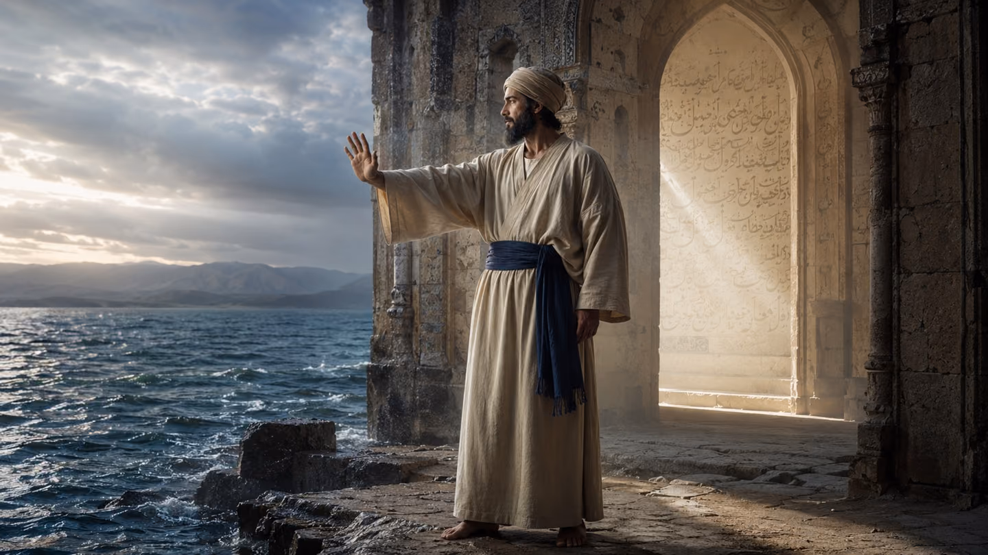 Medium shot, three-quarter profile, of the seeker standing at the lake's edge, lips pressed firmly closed, one hand raised palm-outward in a gesture of restraint and sacred boundary — cream-wool khirqa, indigo sash, b…