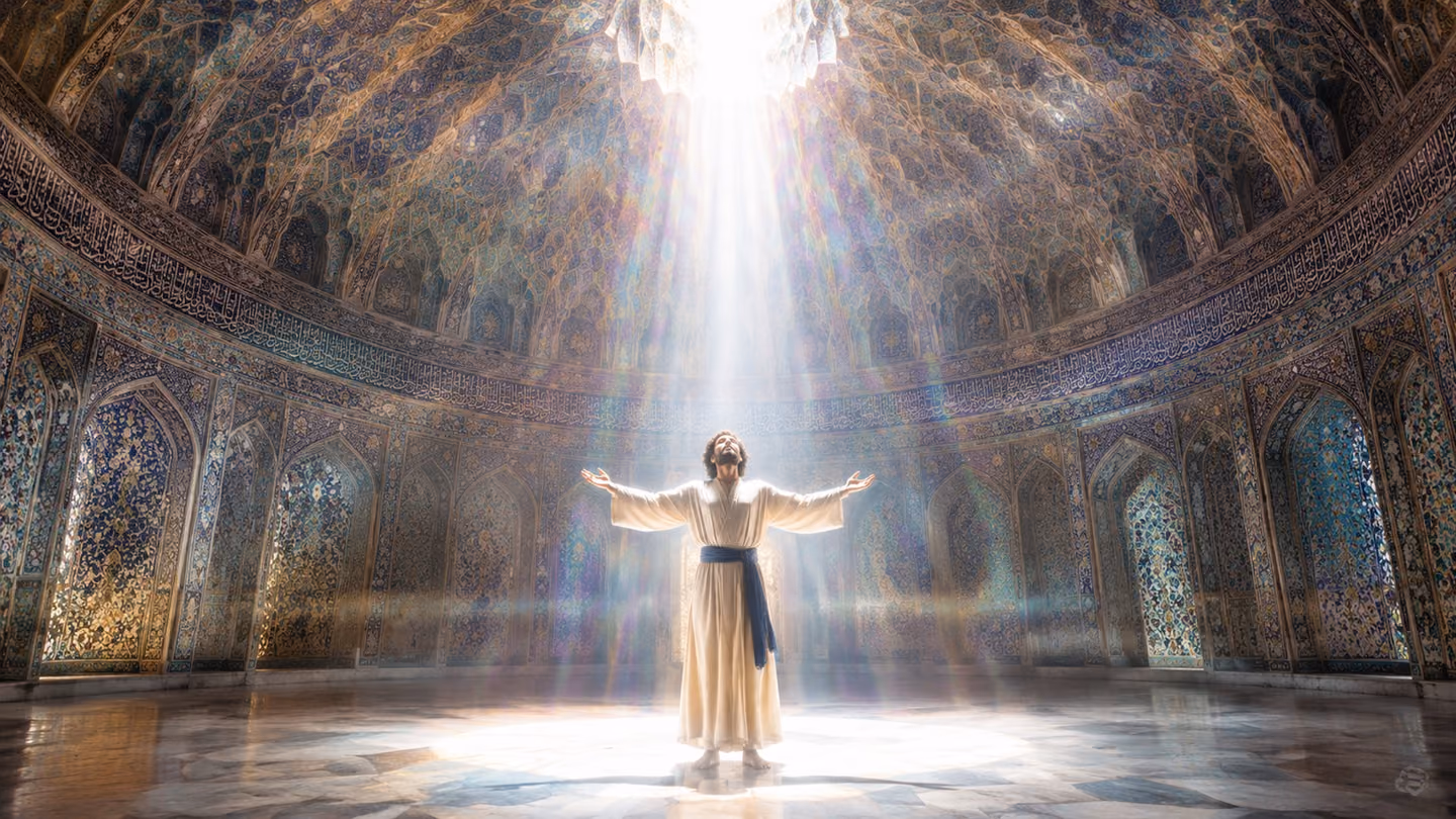 Wide shot inside a high-domed classical Persian sanctuary at full dawn — the seeker stands in the exact centre of the marble floor with arms opened wide toward the light, cream-wool khirqa, indigo sash, bare feet — ab…