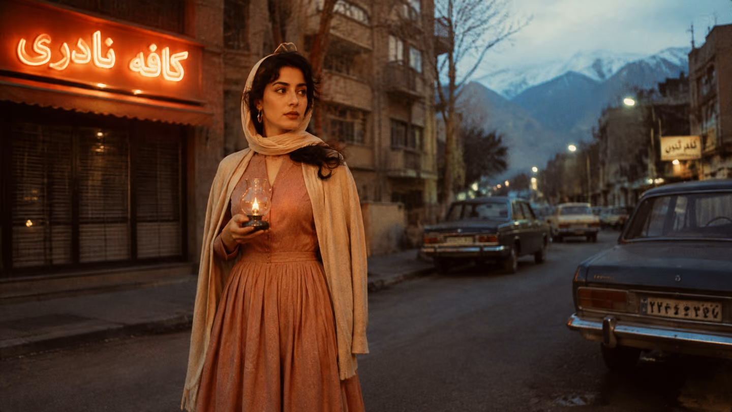 A graceful 30-year-old Iranian woman with warm brown eyes, soft dark wavy hair partially covered by a cream silk headscarf, wearing a high-waisted 1970s flared midi dress in dusty rose with a cream cardigan draped ove…