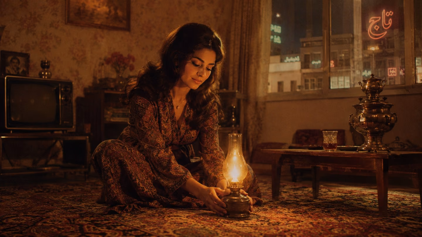 The same graceful 30-year-old Iranian woman sits cross-legged on an intricate Persian carpet in a dim mid-century Tehran apartment, gently placing the small antique oil lamp onto the woven pattern, its warm flame illu…