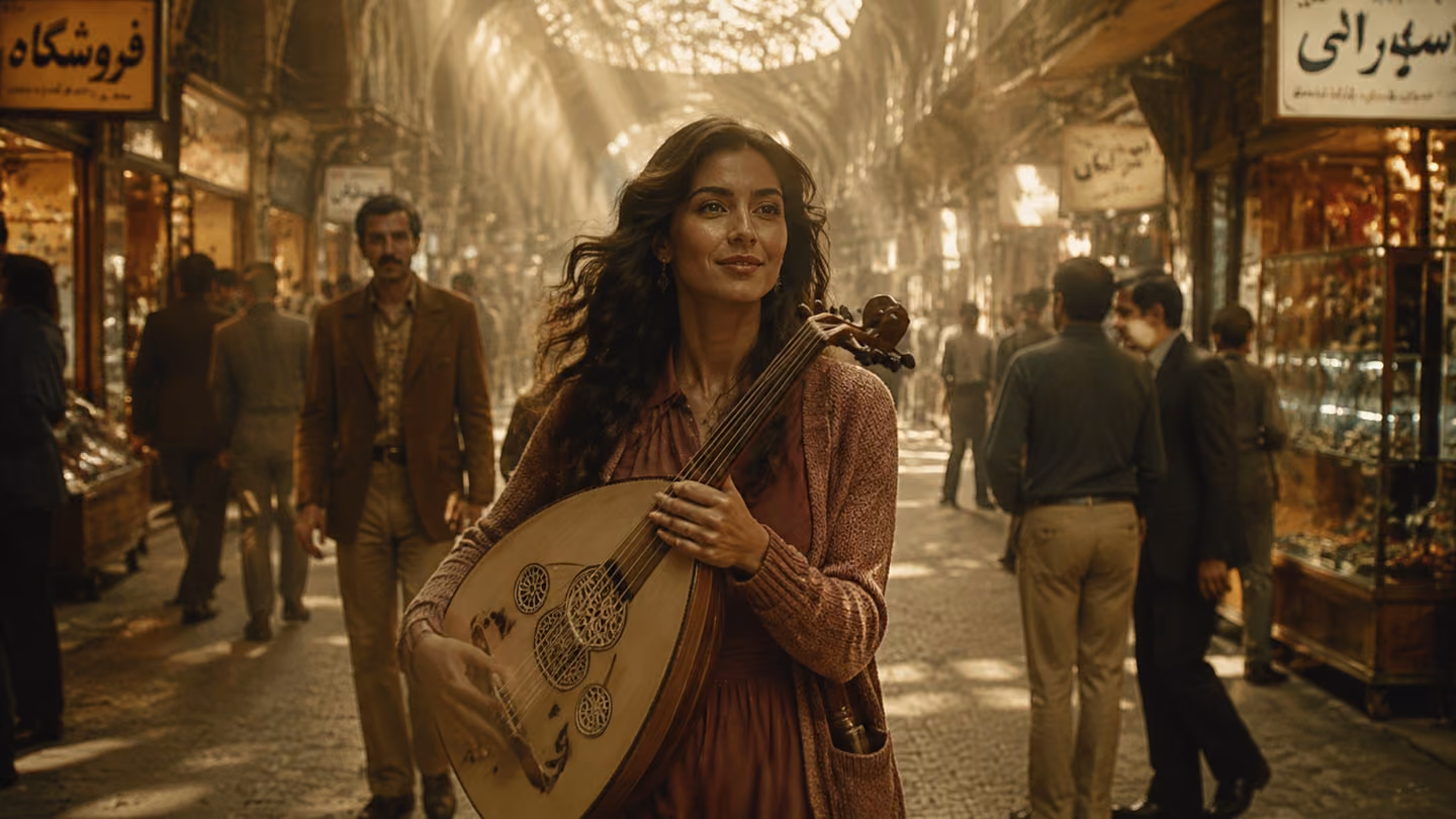 The same graceful 30-year-old Iranian woman walks through a sun-dappled 1970s Tehran bazaar, clutching an ornate oud to her chest, her dusty rose dress catching dappled shade from the vaulted ceiling, Persian shop sig…