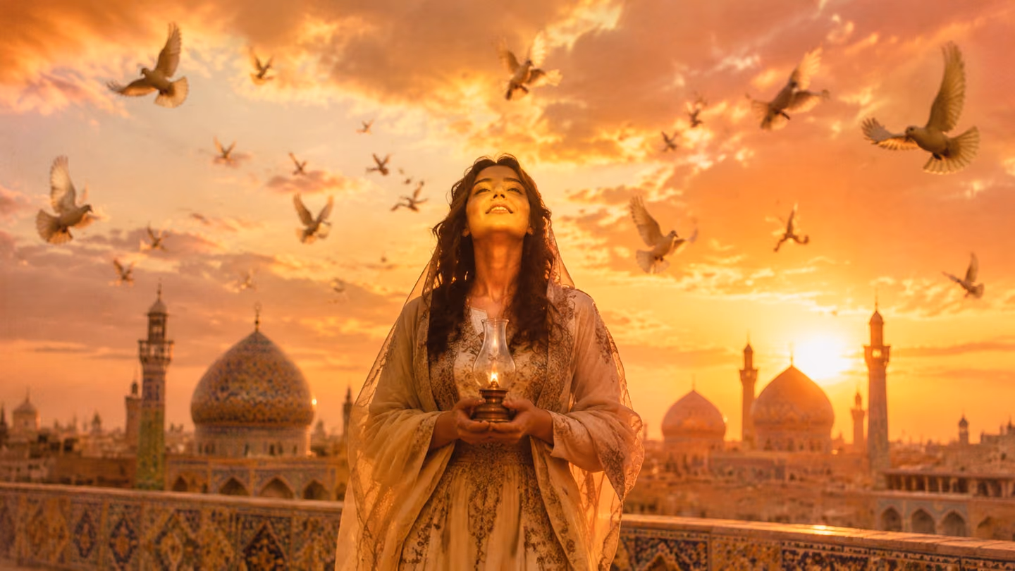 The same graceful 30-year-old Iranian woman stands before a radiant sunrise over Tehran's domes and minarets, arms slightly raised in surrender, her face bathed in luminous warm light, the sky blazing with soft pink a…