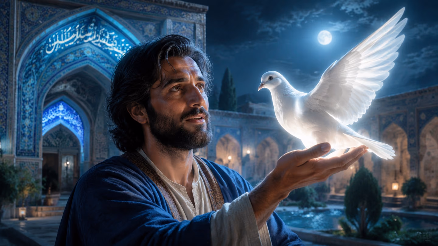Intimate close-up in a moonlit Persian courtyard of the same seeker, indigo khirqa, cream tunic, deep brown eyes soft with awe, as a luminous turtledove (قمری) with silver-feathered wings rests gently on his outstretc…