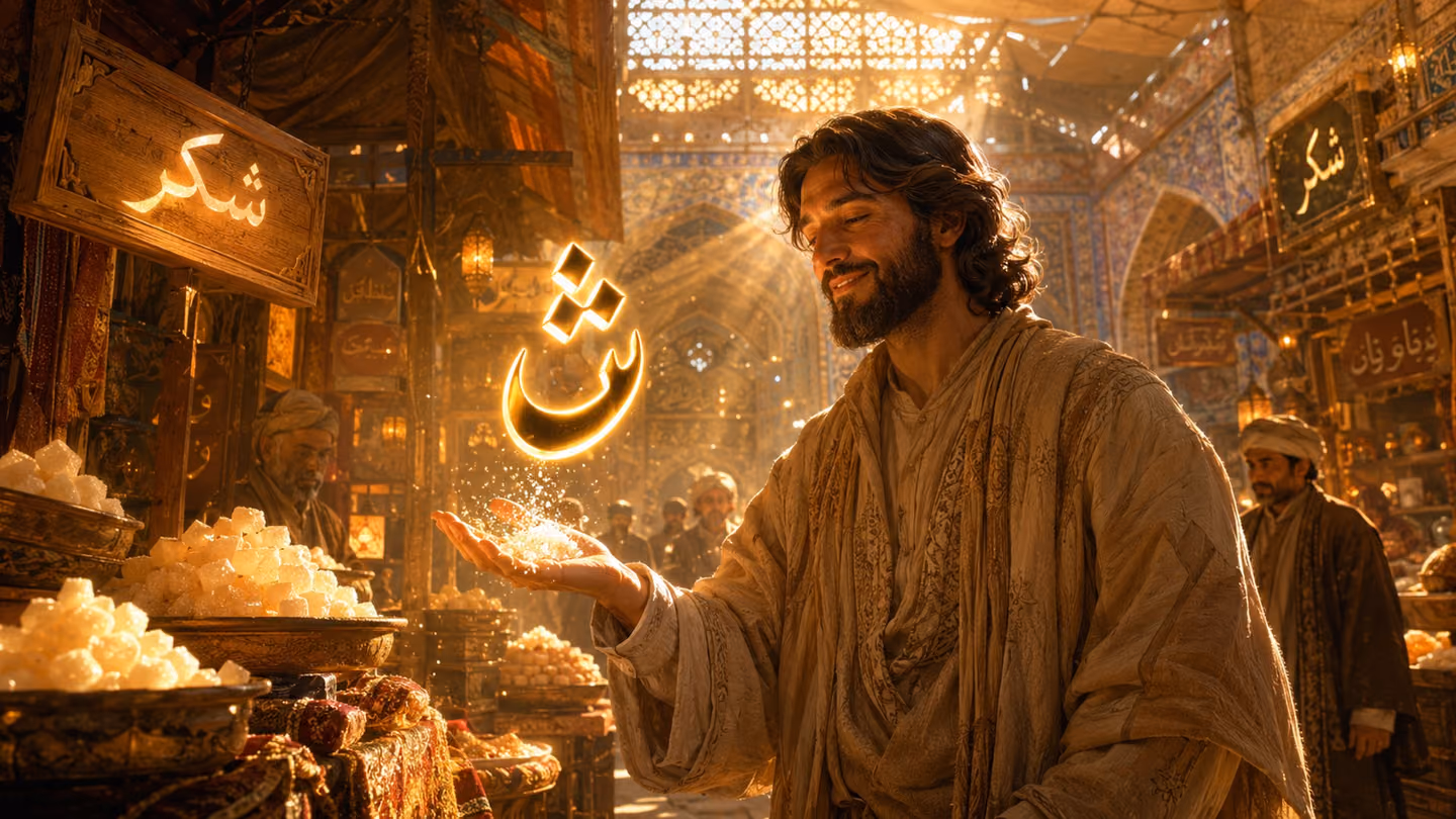 Warm golden-hour medium shot of the same seeker walking through a luminous Persian bazaar of the soul, wooden stalls draped with silk and bowls of glowing sugar crystals (شکر), Persian-script wooden signs overhead, he…