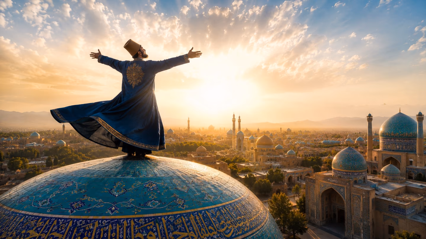 Majestic wide shot at luminous dawn of the same seeker standing atop a sunlit turquoise-tiled Persian dome, arms open wide in the ecstatic sema posture, head tilted toward the sky, his indigo khirqa billowing in a gen…