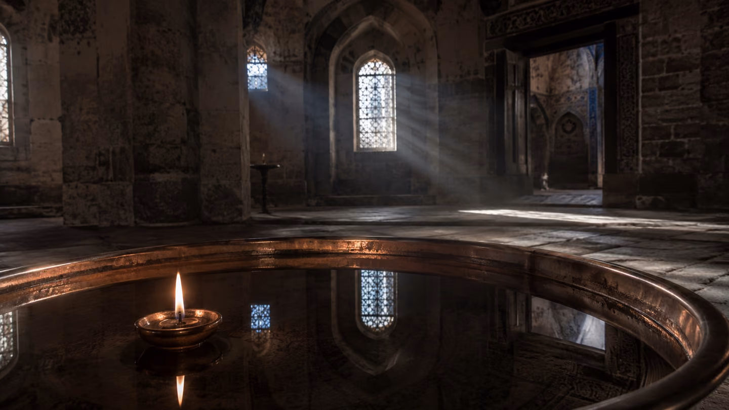 A single candle flame reflected in a still copper basin inside an ancient Konya sanctuary at dawn, stone walls, soft gold light.