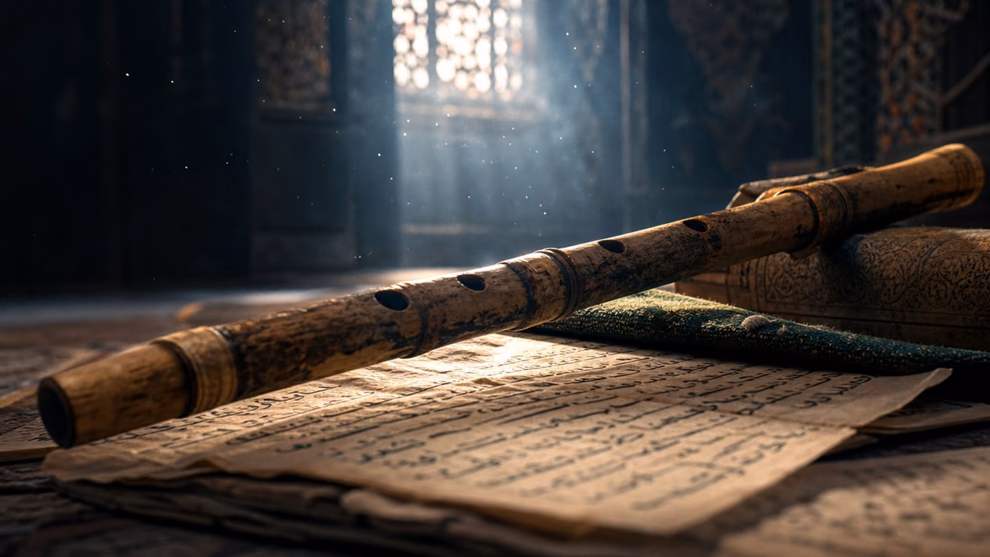 Close-up of a weathered ney reed flute resting on aged calligraphy parchment, dust motes in a slant of morning light.