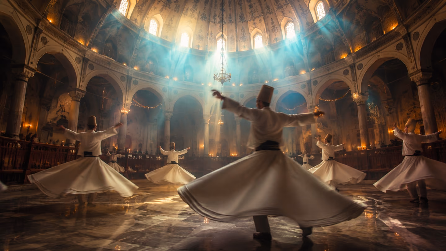 A circle of whirling dervishes in white tenure mid-rotation inside a domed Mevlevi lodge, golden light pouring from the dome, motion-blurred hems.