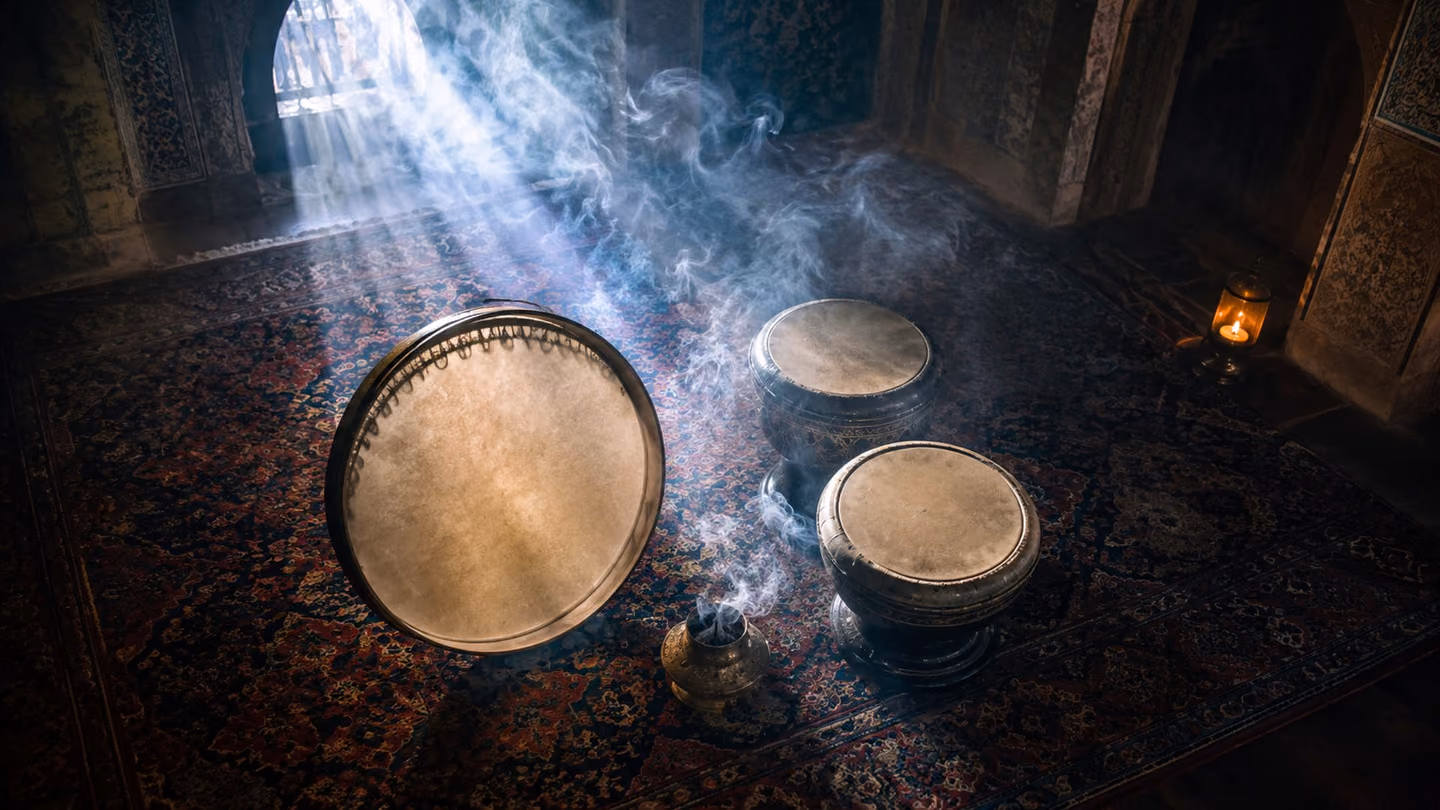 Overhead view of a daf frame drum and kudüm kettledrums on a Persian carpet, shafts of light, incense smoke curling.