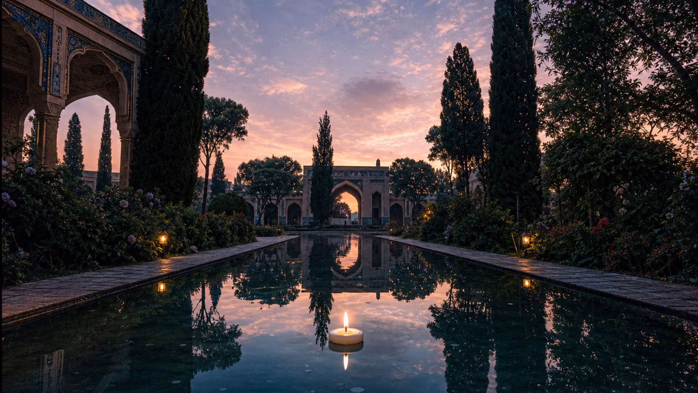 A garden at dawn with a still reflecting pool, cypress trees, soft pink-gold sky, a single white candle floating on the water.