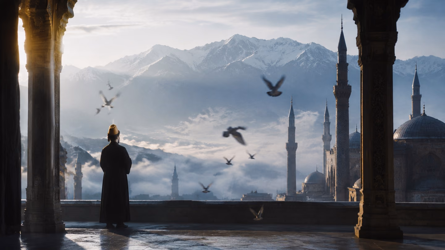 A distant mountain range in morning mist seen from an ancient courtyard, minaret silhouettes, doves in flight.