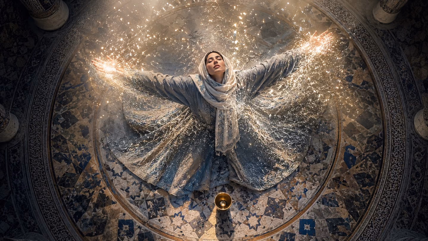 Overhead top-down view looking straight down onto a circular stone floor patterned with Persian geometric stars; a gracefully covered 30-year-old Iranian woman Sufi seeker, soft Persian features, luminous dark eyes, c…