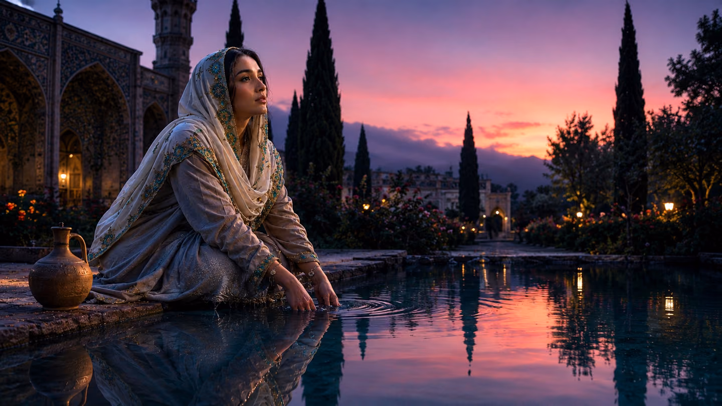 Low-angle medium shot at the edge of a still night pool in an ancient Persian garden; a gracefully covered 30-year-old Iranian woman Sufi seeker, soft Persian features, luminous dark eyes, cream-white silk headscarf w…