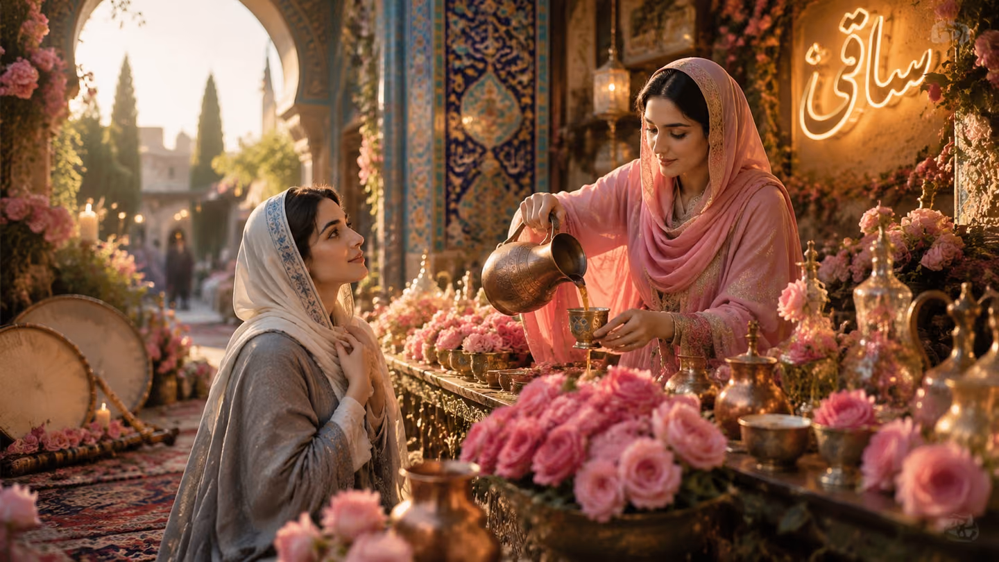 Bright sweeping wide shot at sunrise inside a blossoming Persian flower-market (dukkan-e gol): a gracefully covered 30-year-old Iranian woman Sufi seeker, soft Persian features, luminous dark eyes, cream-white silk he…
