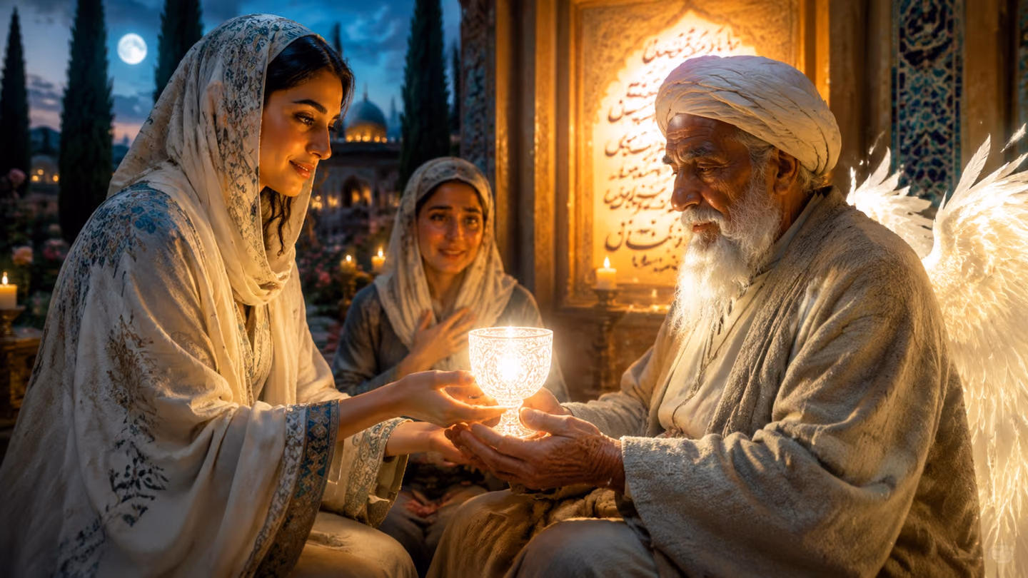Intimate close-up of two pairs of hands in warm candlelight: the beautiful Saqi's graceful hands placing the wondrous glowing goblet into the weathered reverent hands of the Pir — an elderly Iranian Sufi dervish with…