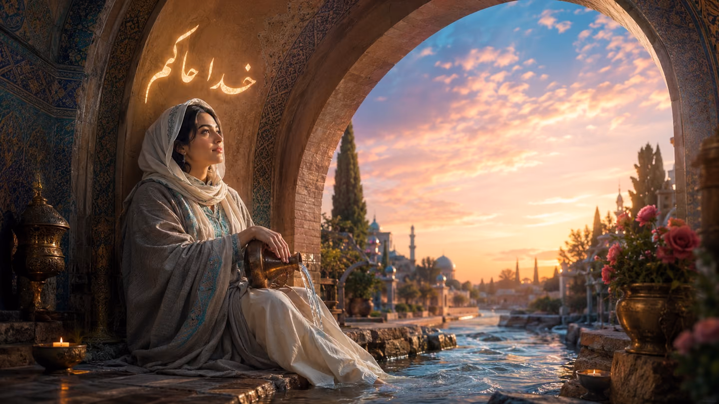 Sweeping wide low-angle shot from inside the curve of a great Persian tavern-arch: the gracefully covered 30-year-old Iranian woman Sufi seeker, soft Persian features, luminous dark eyes, cream-white silk headscarf wi…