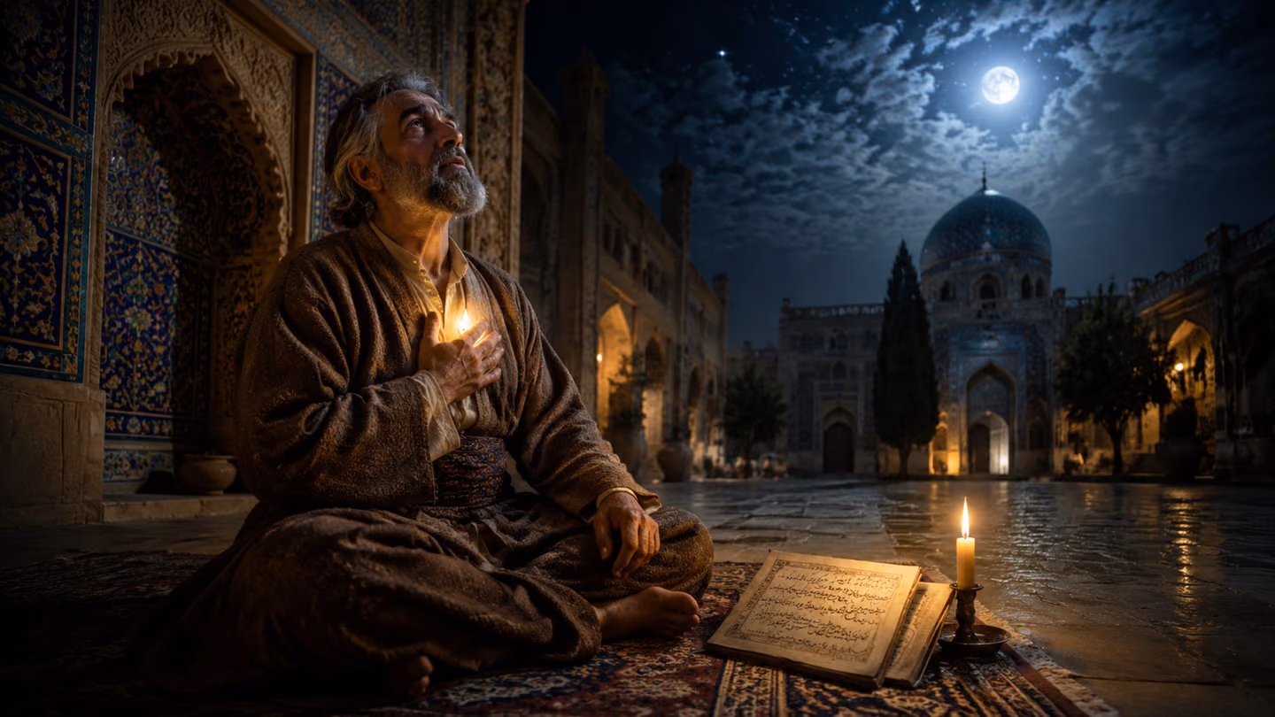 Sweeping wide shot: a weathered, deeply expressive Persian Sufi seeker in his late fifties, serene bearded face, deep-set dark eyes full of luminous longing, silver-streaked grey hair, simple worn earth-brown wool khi…