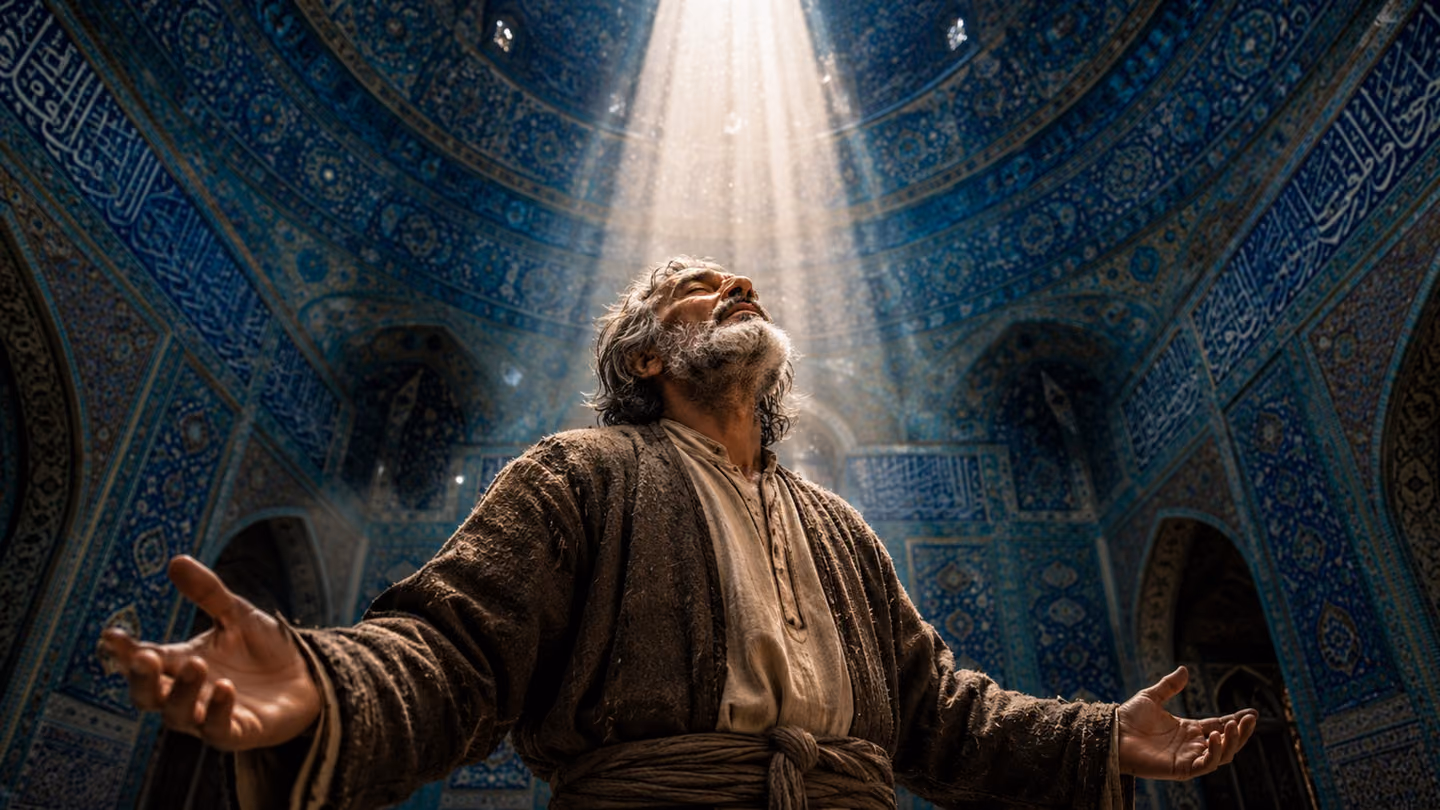Low-angle shot looking upward: the same weathered Persian Sufi seeker in his late fifties, serene bearded face, deep-set dark eyes, silver-streaked grey hair, worn earth-brown wool khirqa, cream undershirt, wool dervi…