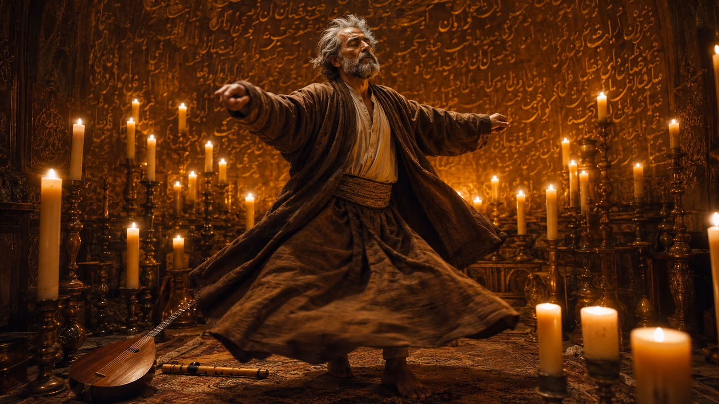 Three-quarter medium shot in warm candle-glow: the same weathered Persian Sufi seeker in his late fifties, serene bearded face, deep-set luminous dark eyes, silver-streaked grey hair, worn earth-brown wool khirqa, cre…