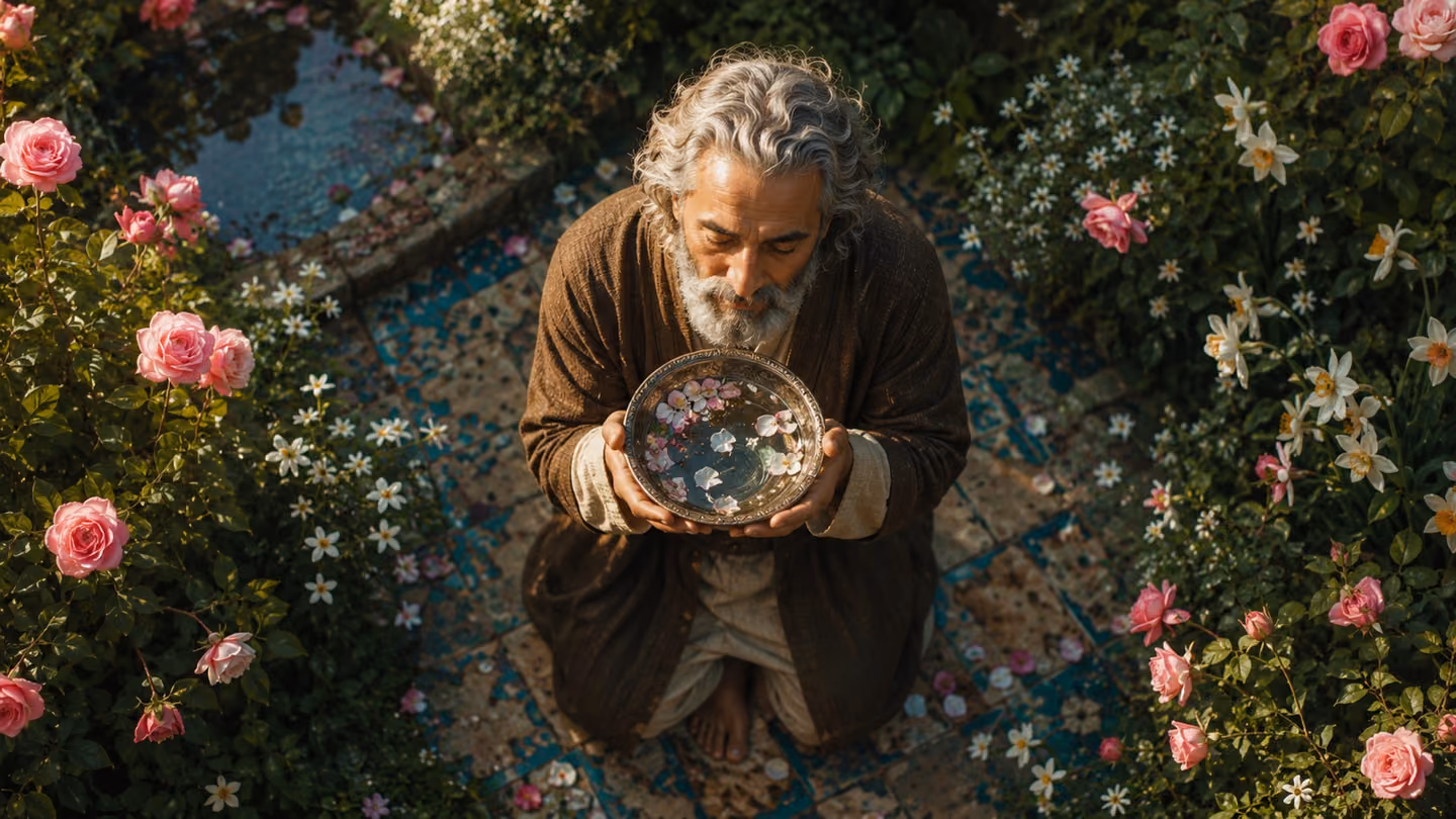 Overhead top-down shot: the same weathered Persian Sufi seeker in his late fifties, serene bearded face, silver-streaked grey hair, worn earth-brown wool khirqa, cream undershirt, wool dervish belt, bare feet — kneeli…
