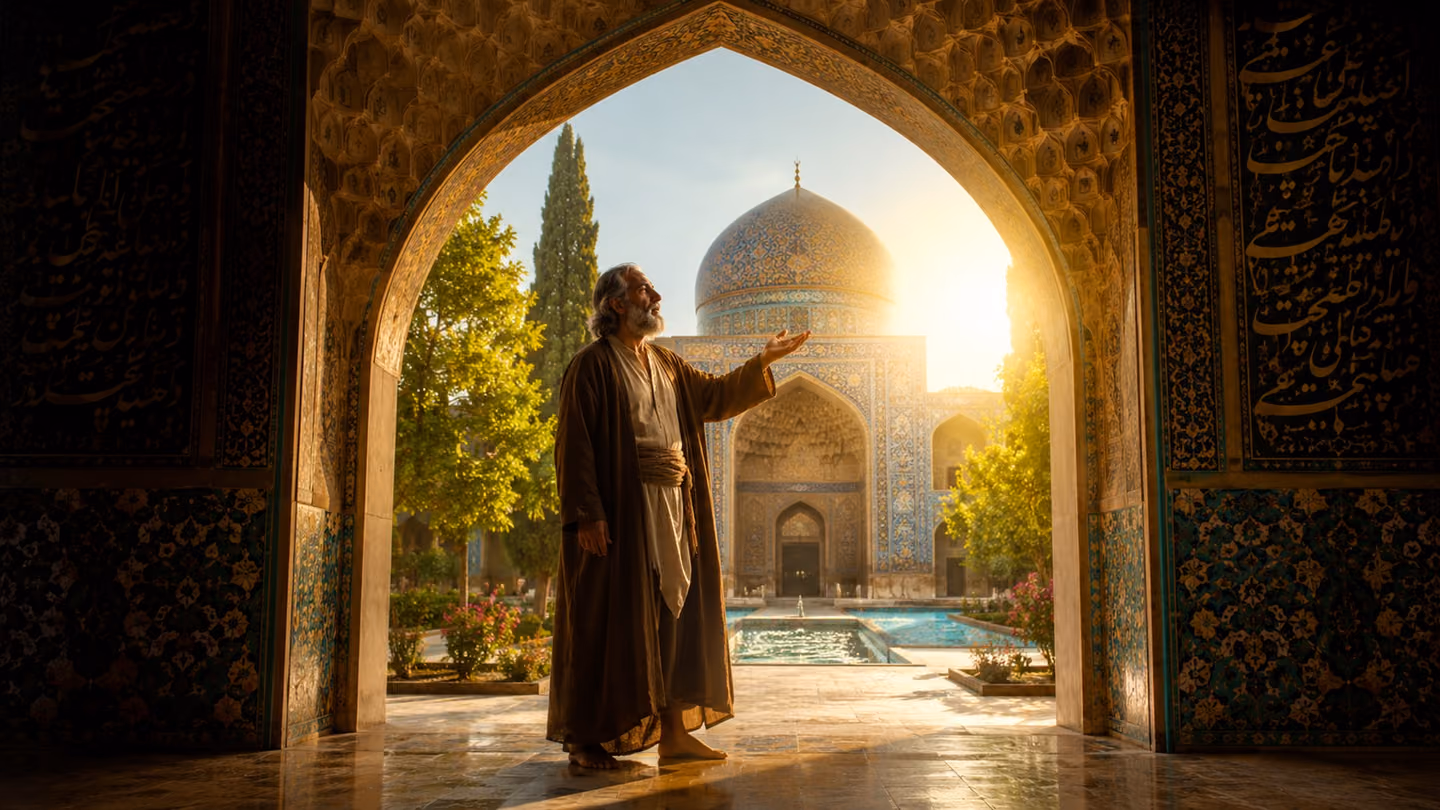 Wide shot framed through a Persian arched doorway: the same weathered Persian Sufi seeker in his late fifties, serene bearded face, deep-set dark eyes, silver-streaked grey hair, worn earth-brown wool khirqa, cream un…
