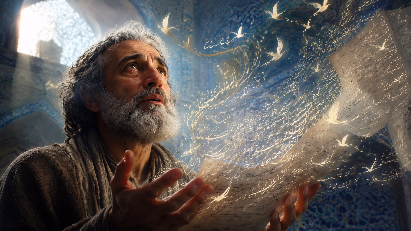 Intimate close-up: the same weathered Persian Sufi seeker in his late fifties, serene bearded face, deep-set dark eyes brimming with tears of awe, silver-streaked grey hair, worn earth-brown wool khirqa at his shoulde…