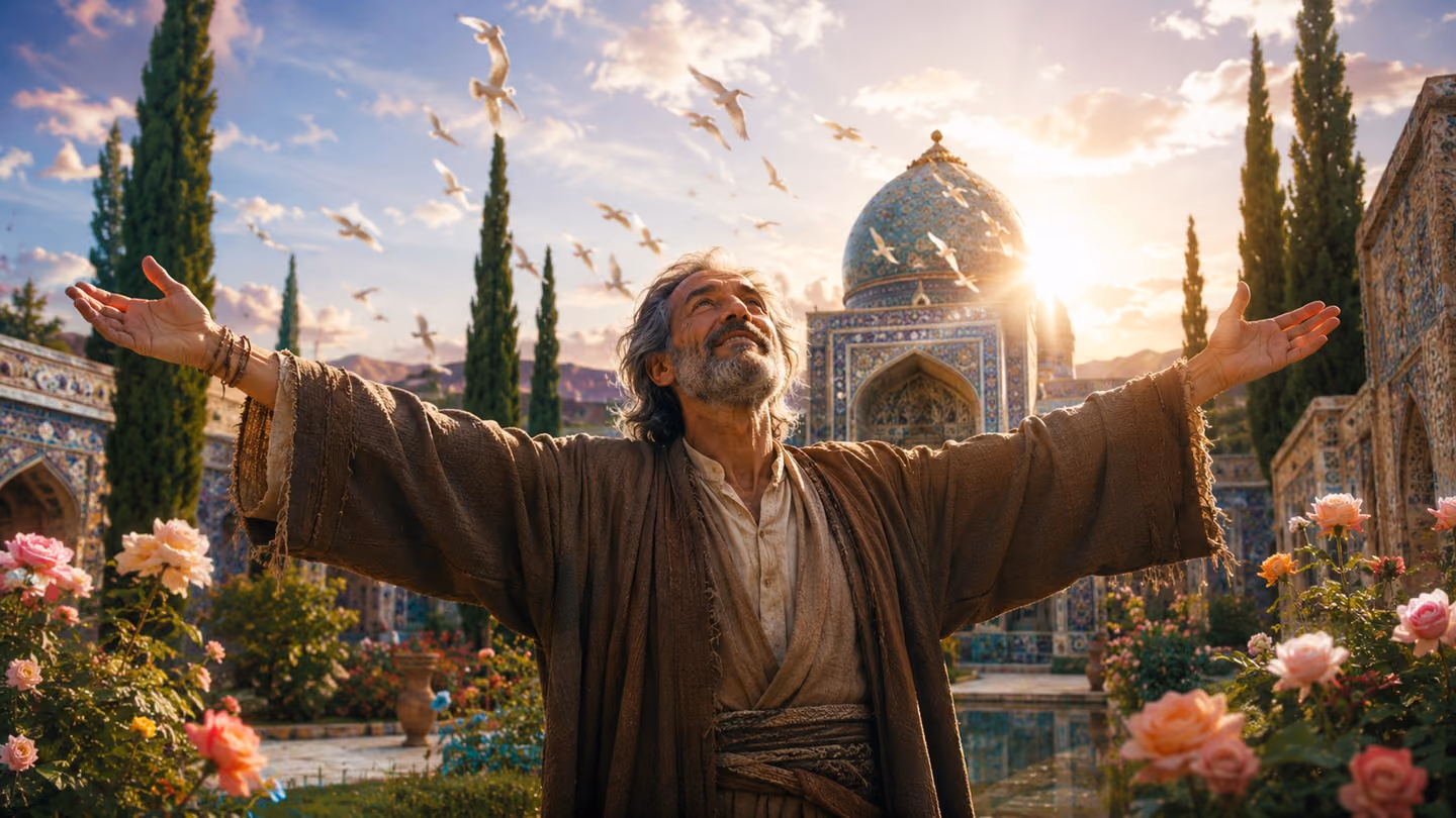Sweeping low-angle shot rising upward into full dawn: the same weathered Persian Sufi seeker in his late fifties, serene bearded face now radiant with unveiled joy, deep-set luminous dark eyes shining, silver-streaked…