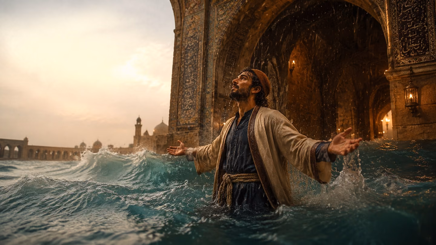 Sweeping wide shot from a low angle: the weathered yet handsome Iranian Sufi seeker in his early thirties, warm olive Persian skin, deep brown eyes full of wonder, short tousled dark hair under a simple felt dervish c…